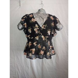 Forever 21 Women's PLUS Size 0X Black Floral Sheer Peplum Blouse